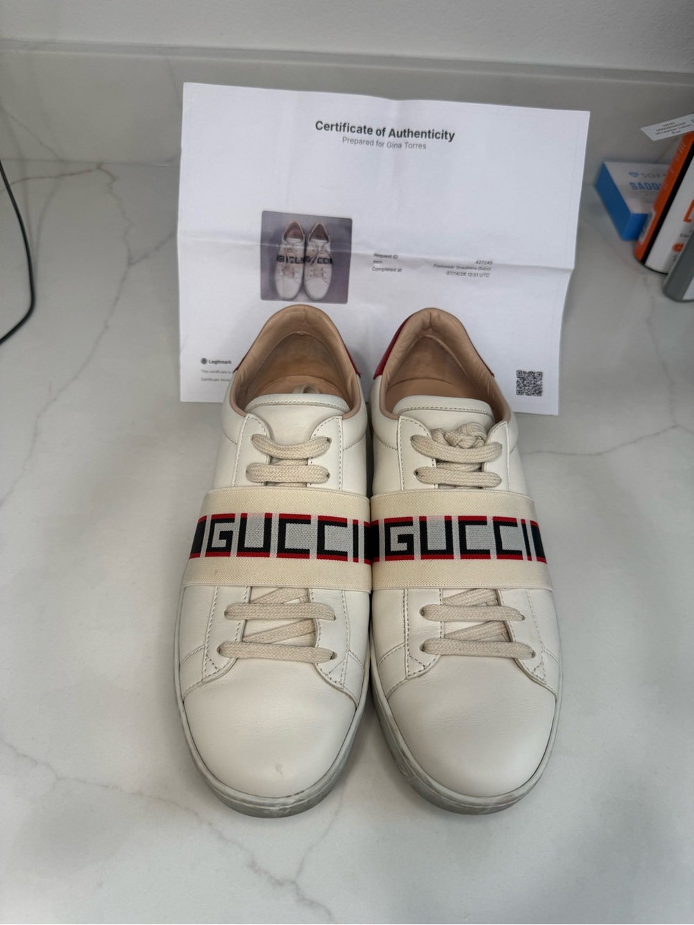 Authentic Gucci Ace Logo Stripe Sneakers Women 40 US 10 White Red COA